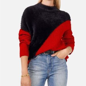 Vince Camuto asymmetrical red and‎ black faux fur mock turtleneck small or large